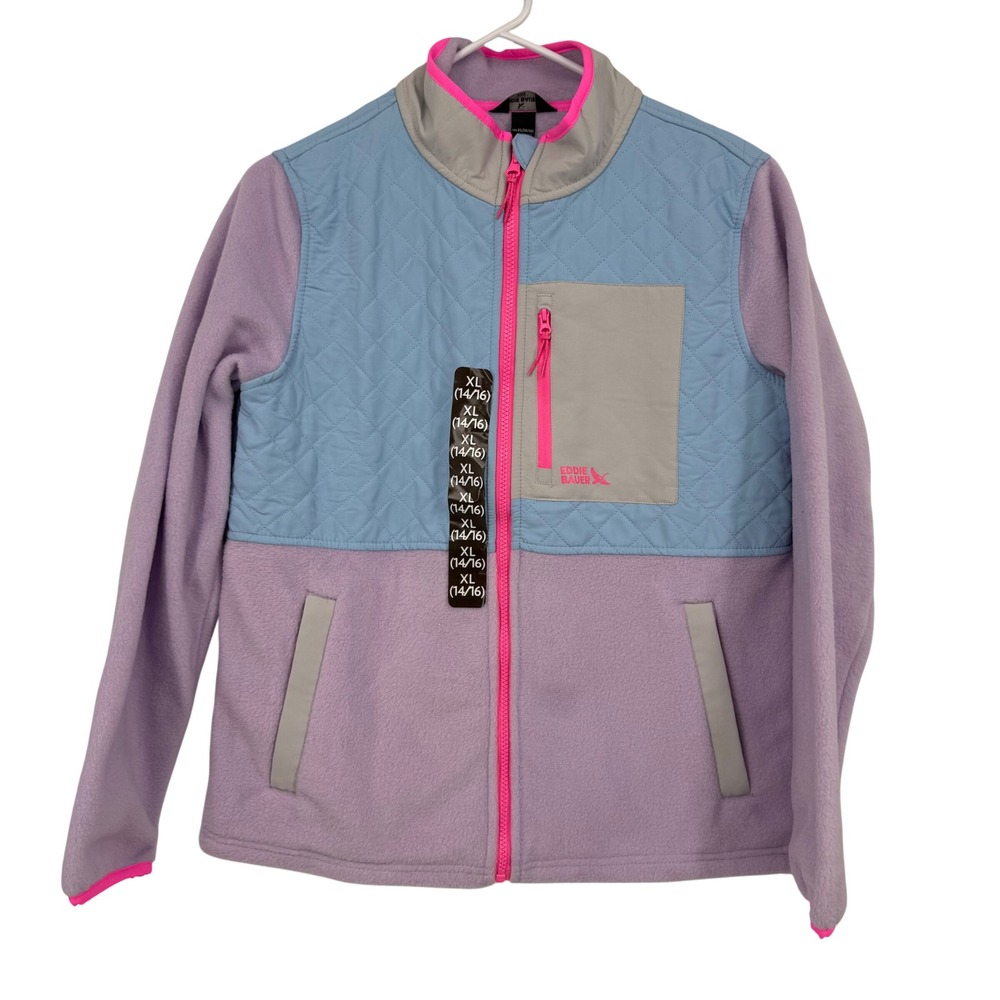 Eddie Bauer Kids Polar Fleece Jacket XL 14/16 Purple Blue Quilted Full Zip New